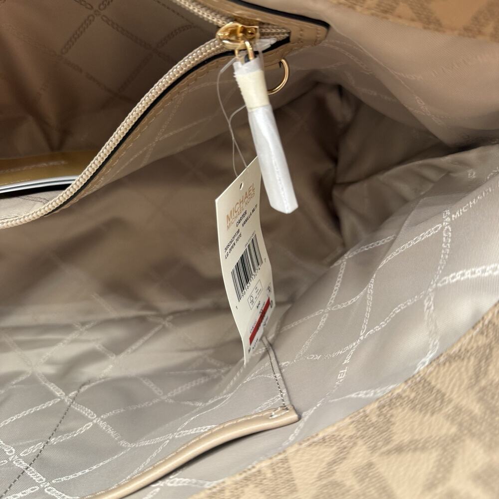 Michael Kors Carter Signature Large Open Tote Bag Purse Vanilla and Tan Multi - Picture 9 of 12
